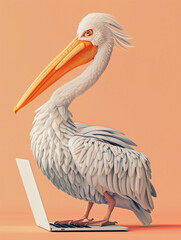 A Cute 3D Pelican Using a Laptop Computer in a Solid Color Background Room