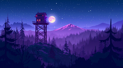 Obraz premium Firewatch tower in the middle of a forest. Simple illustration with flat design, mountains and a moon in the background. 