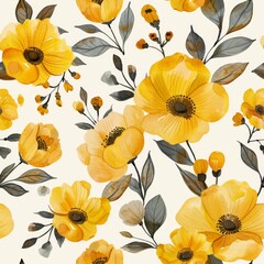 Watercolor Seamless Pattern with Vibrant Yellow Flowers

