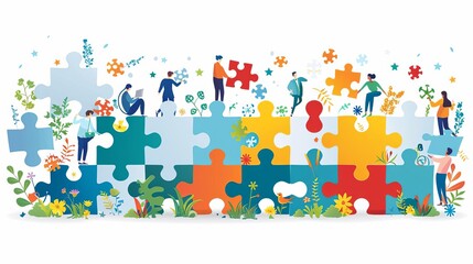 A creative vector illustration of a diverse team solving a puzzle together