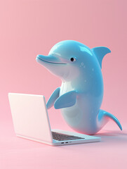A Cute 3D Dolphin Using a Laptop Computer in a Solid Color Background Room
