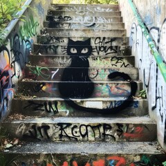 Urban Charm: Captivating Black Cat Graffiti Adorning City Steps