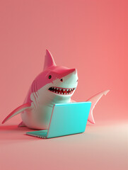 A Cute 3D Shark Using a Laptop Computer in a Solid Color Background Room