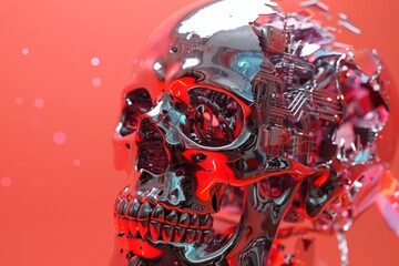 A digital skull composed of glitching pixels, with binary code cascading from its empty eye sockets