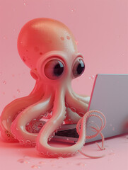 A Cute 3D Squid Using a Laptop Computer in a Solid Color Background Room