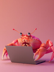 A Cute 3D Crab Using a Laptop Computer in a Solid Color Background Room