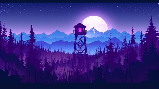 Firewatch tower in the middle of a forest. Simple illustration with flat design, mountains and a moon in the background. 