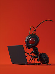 A Cute 3D Ant Using a Laptop Computer in a Solid Color Background Room