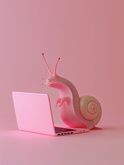 A Cute 3D Snail Using a Laptop Computer in a Solid Color Background Room