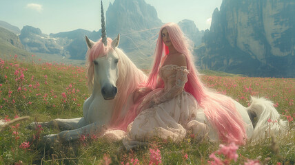 white unicorn with pink hair sitting in the field with a girl with pink hair and a white and pink dress princess fantasy photo HD image wallpaper