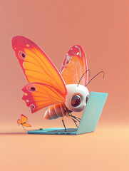 A Cute 3D Butterfly Using a Laptop Computer in a Solid Color Background Room