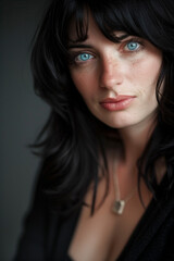 A professional Studio photo portrait of a gorgeously beautiful brunette woman and perfect skin