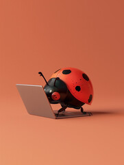 A Cute 3D Ladybug Using a Laptop Computer in a Solid Color Background Room