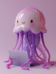 A Cute 3D Jellyfish Using a Laptop Computer in a Solid Color Background Room