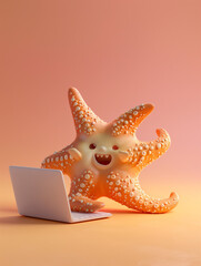 A Cute 3D Starfish Using a Laptop Computer in a Solid Color Background Room