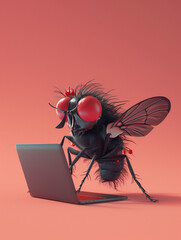 A Cute 3D Fly Using a Laptop Computer in a Solid Color Background Room