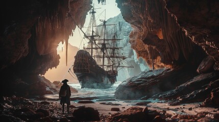 An explorer uncovered a stranded vintage sail pirate ship in a cave.