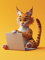 A Cute 3D Bobcat Using a Laptop Computer in a Solid Color Background Room