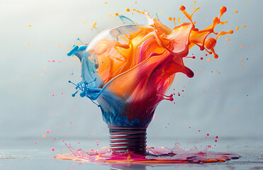 light bulb filled with paint splash and HD image with a plain background