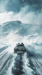 A lone Military tank M1 Abrams trudging through a vast, snow-covered landscape