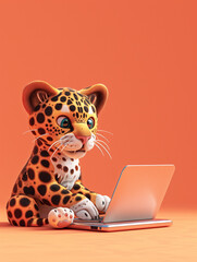 A Cute 3D Jaguar Using a Laptop Computer in a Solid Color Background Room