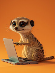 A Cute 3D Meerkat Using a Laptop Computer in a Solid Color Background Room