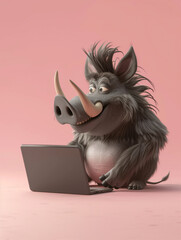 A Cute 3D Warthog Using a Laptop Computer in a Solid Color Background Room