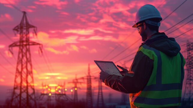 Engineer Inspecting Power Grid at Sunset