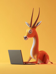A Cute 3D Antelope Using a Laptop Computer in a Solid Color Background Room