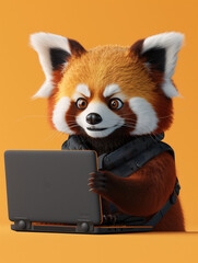 A Cute 3D Red Panda Using a Laptop Computer in a Solid Color Background Room