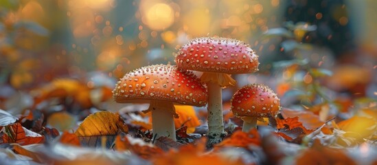 Group of Mushrooms on Pile of Leaves