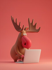 A Cute 3D Moose Using a Laptop Computer in a Solid Color Background Room