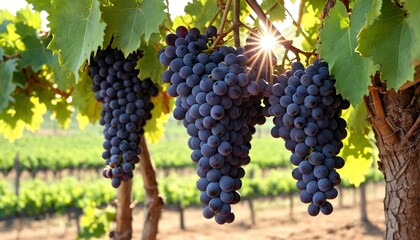 Grape branch against the background of grape plantations. Black grapes on the background of...