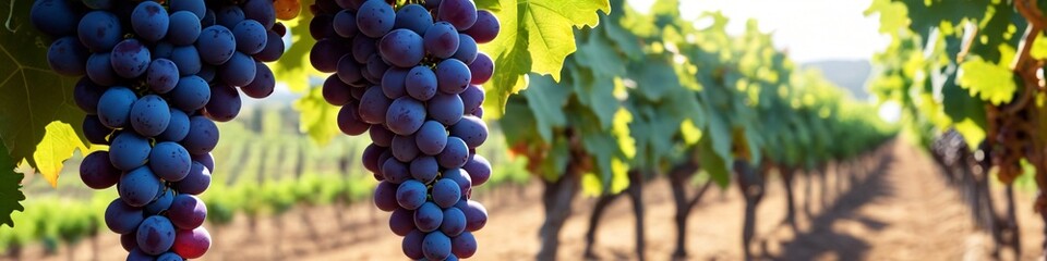 Grape branch against the background of grape plantations. Black grapes on the background of...