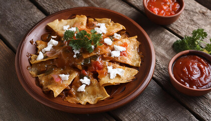 Mexican chilaquiles with salsa over wooden table. Tasty meal. Delicious food for dinner.
