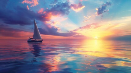 Fototapeta premium Sailing ship in sea water at sunset.