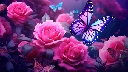 butterfly on pink flower,Butterflies and roses with a pink background and a blue butterfly