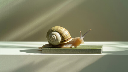 Snail crawling on a green podium under natural light with dynamic shadows. Minimalist nature photography. Slow living and simplicity concept. Design for educational material, nature poster.