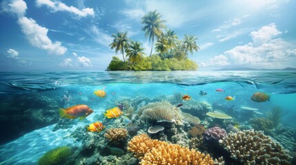 Small island with palm tree above and sea life tropical fishes beneath underwater in sea.