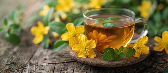 Cup of Tea With Yellow Flowers on Wooden Table