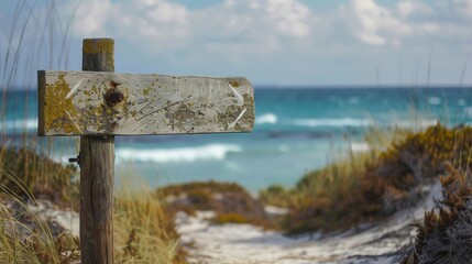 A rustic wooden sign pointing towards the beach, weathered by the sun and salt air