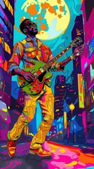 A street musician in pop art style, stylized instrument, exaggerated features, and a bold cityscape backdrop