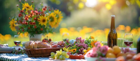 Fototapeta premium Table Set With Flowers and Wine Bottles