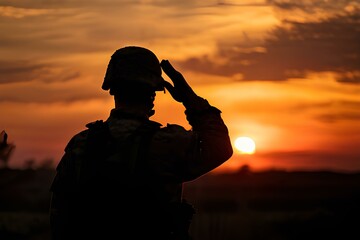 Silhouette of a soldier saluting at sunset, embodying respect, military honor.