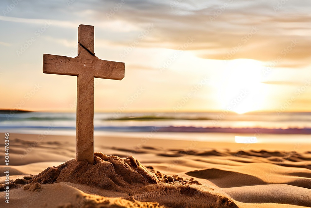 Wall mural Small wooden Christian cross in sand on the beach with sea in background and copy space. - Wall murals