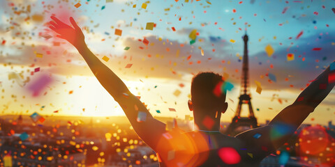 Side portrait of professional athlete celebrating victory on a background of Eiffel tower in Paris. Sports games in France.
