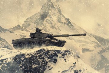 A vintage-style poster featuring an Military tank M1 Abrams conquering a snowy mountain peak