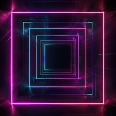 Glowing neon square tunnel, virtual reality, hi-tech, laser show, game level.