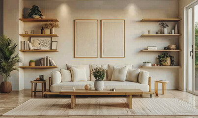 Cozy and minimalist style home interior. Natural wood style, featuring modern furnishings and decorative elements