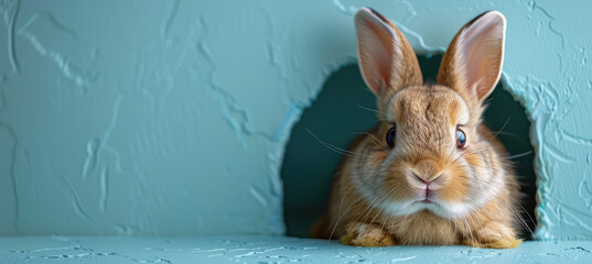  Photo of a brown bunny with white paws peeking out from behind a hole in a light blue wall,...